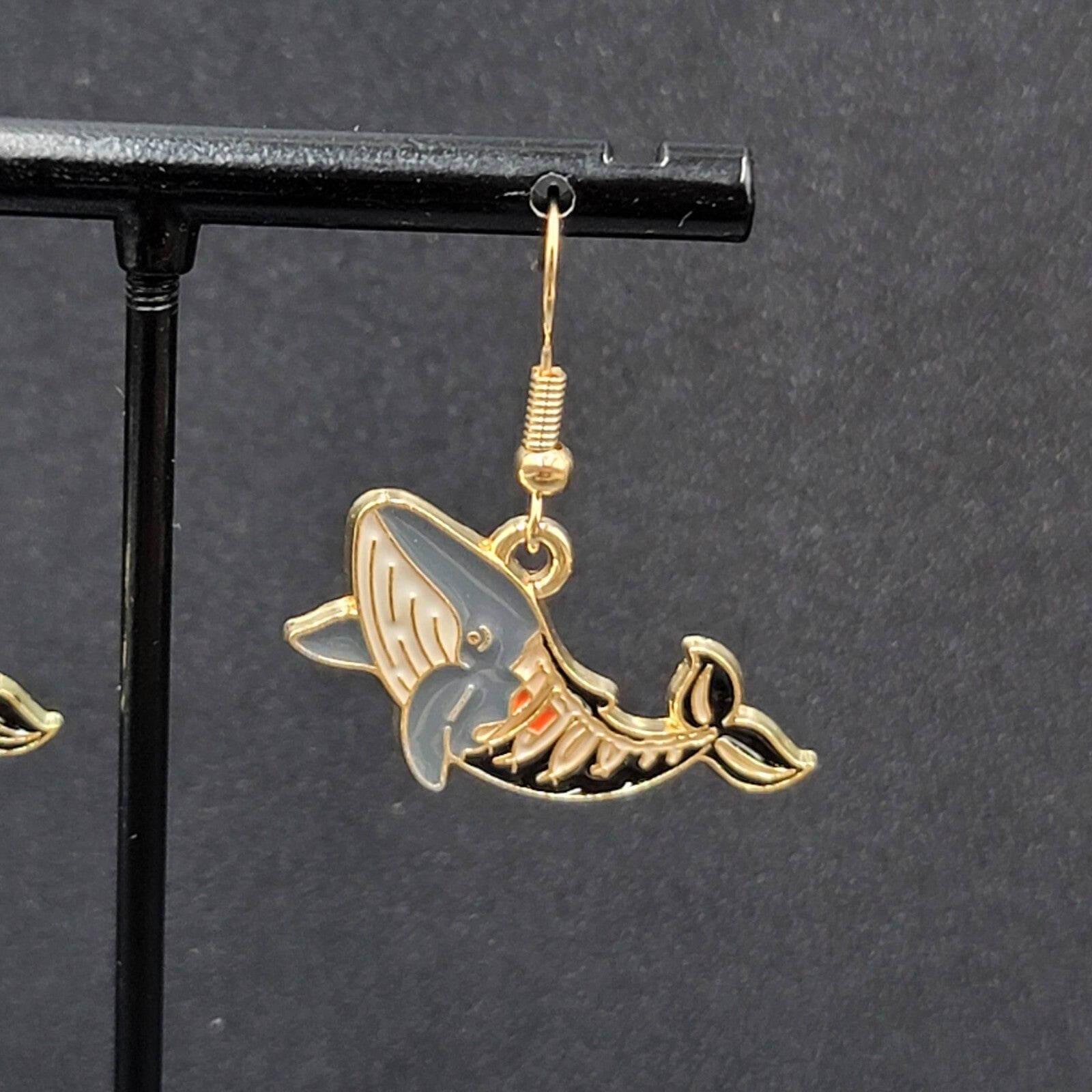 Zombie Whale Pierced Earrings Halloween Half Skeleton Enamel Dangle 5/8"
