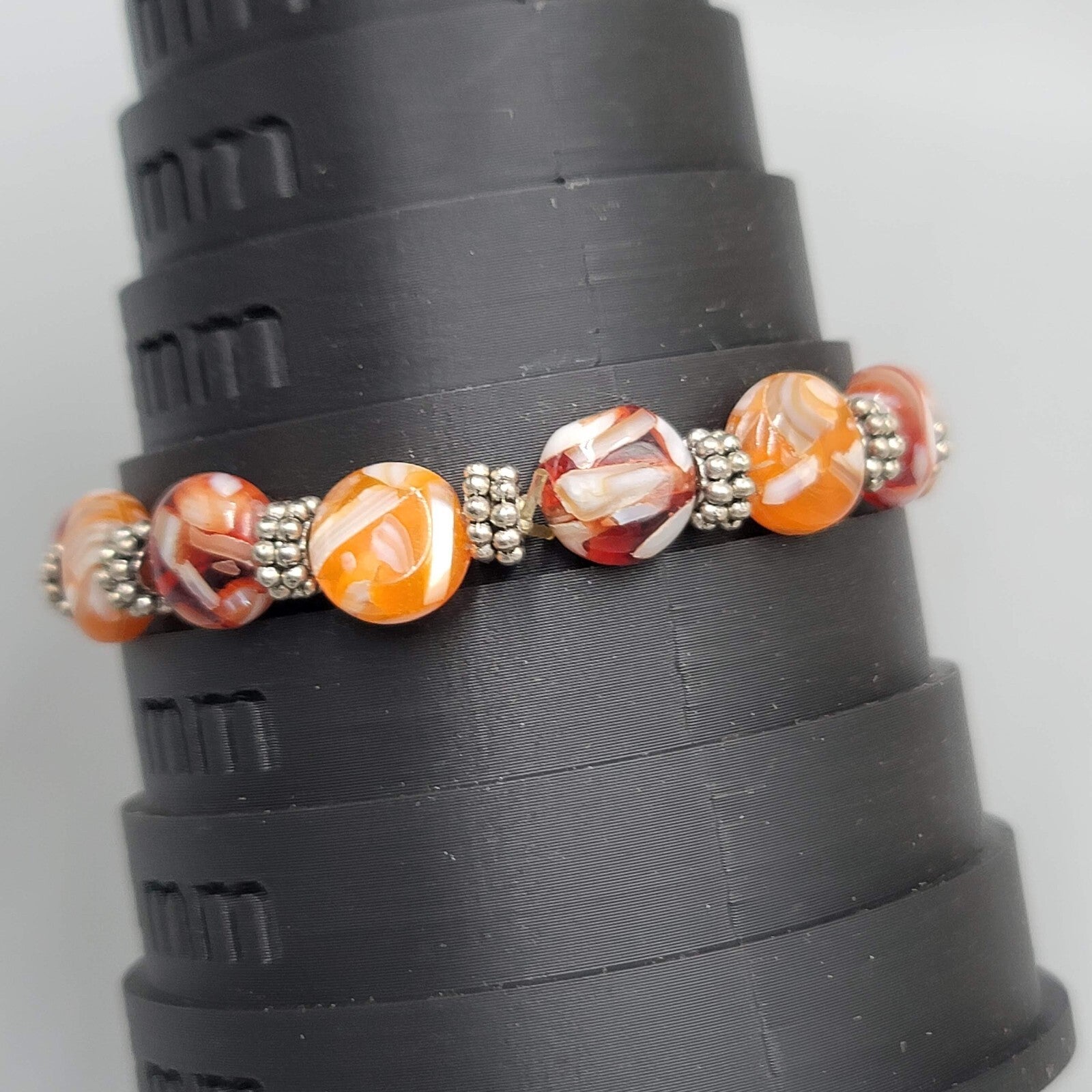 Glass Bead Stretch Bracelet Red White Orange White Silver tone 7"