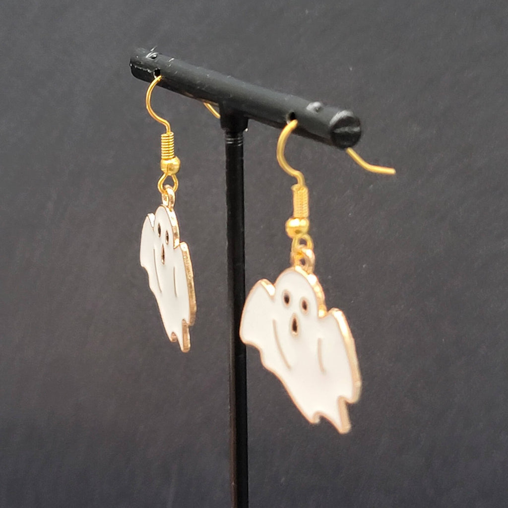 Halloween Spooky White Ghost Pierced Earrings Gold tone Enamel Dangle 1"