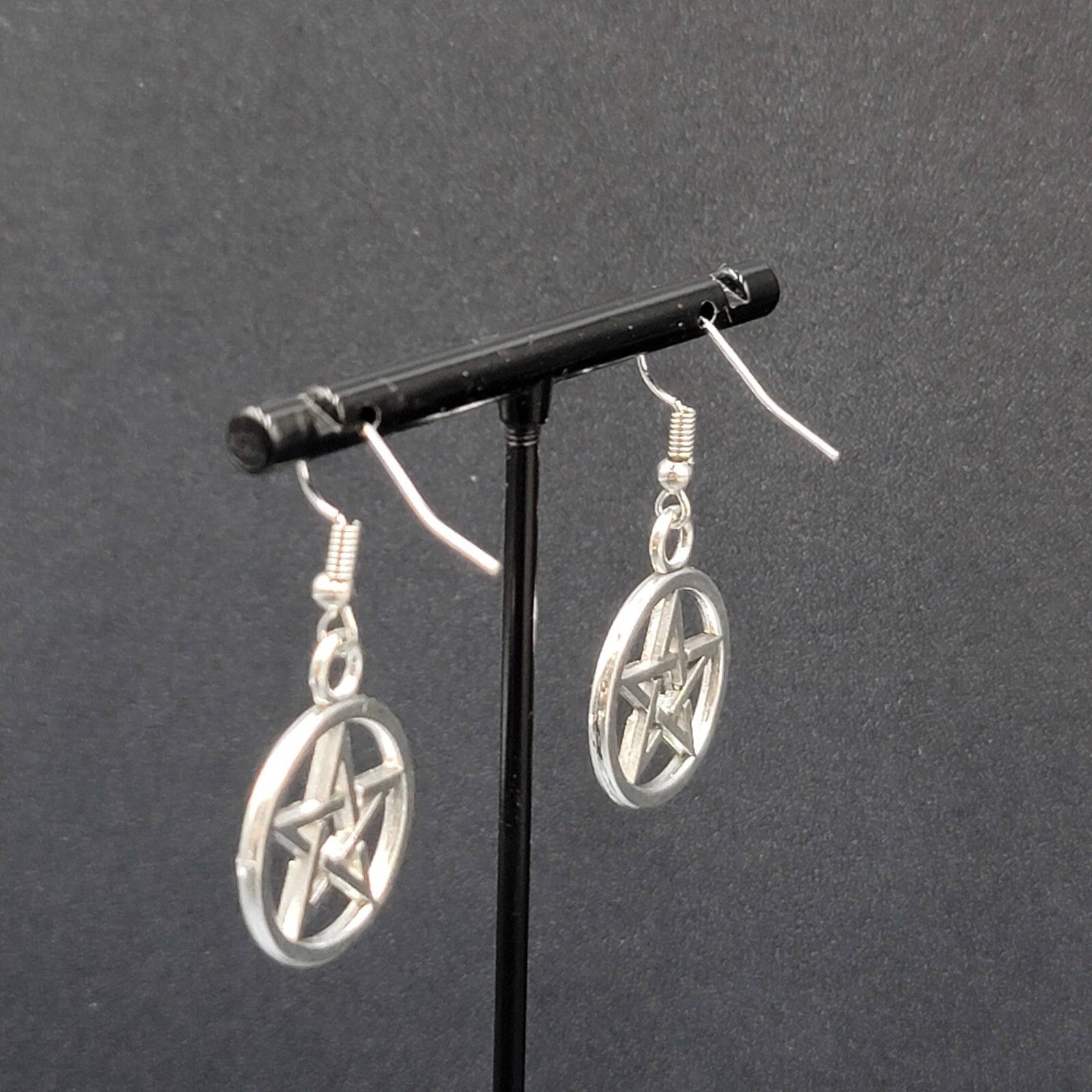 New Pentagram Circle Pierced Earrings Smooth Silver tone Dangle 1"