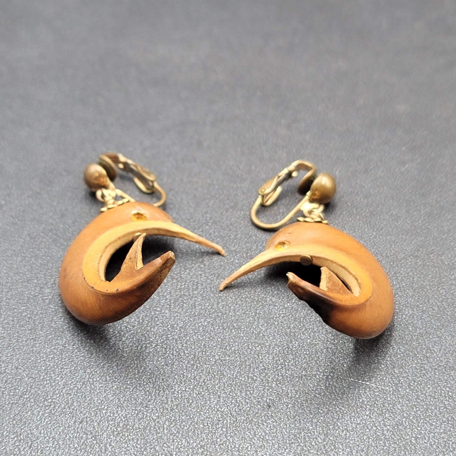 Vintage Clip on Earrings Gold tone Carved Dolphin Dangle Rhinestone 1 5/8"