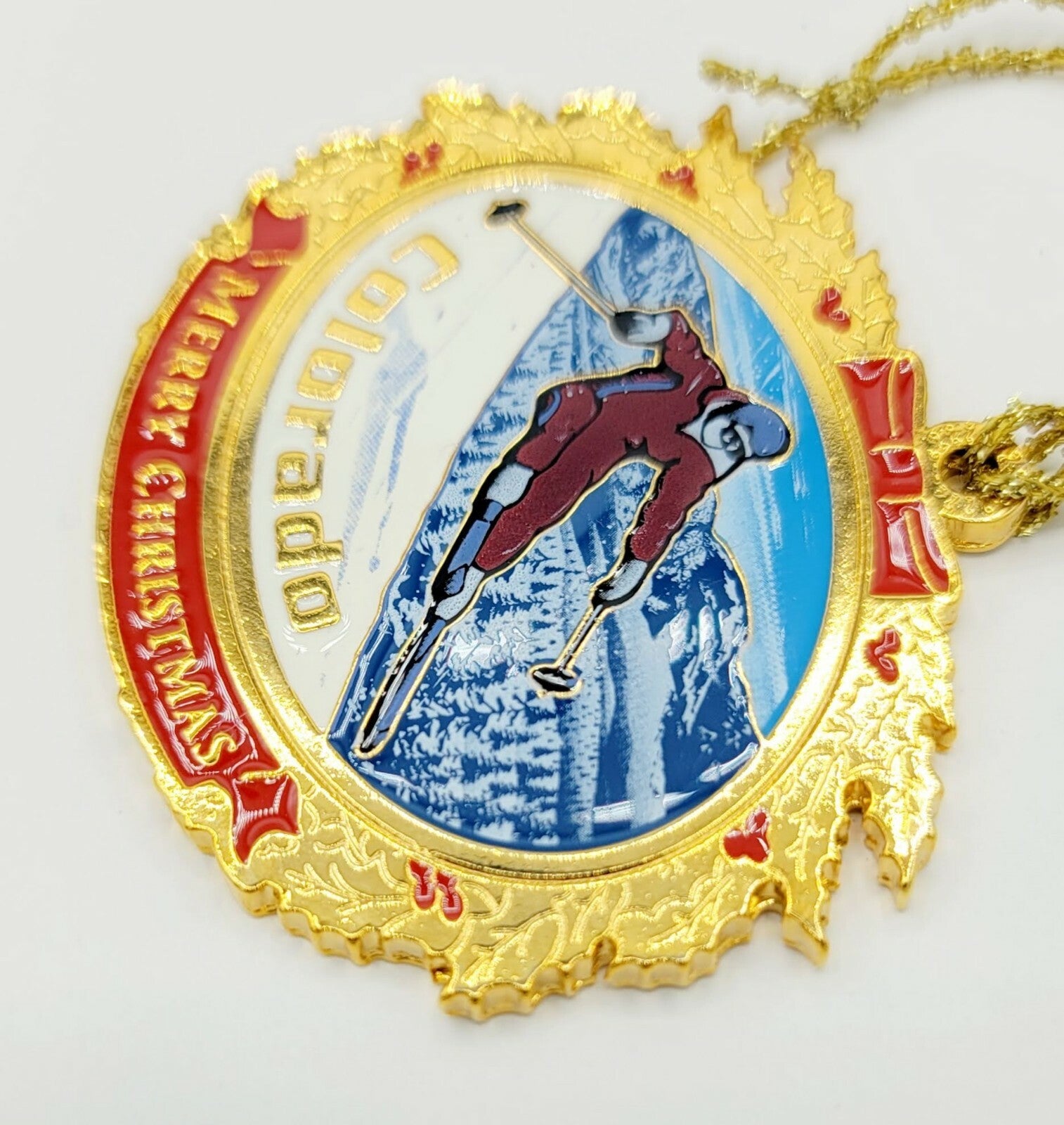 Brass Colorado Christmas Ornament Ski Sanborn Metal Souvenir 2 1/2"  x 2 1/4"