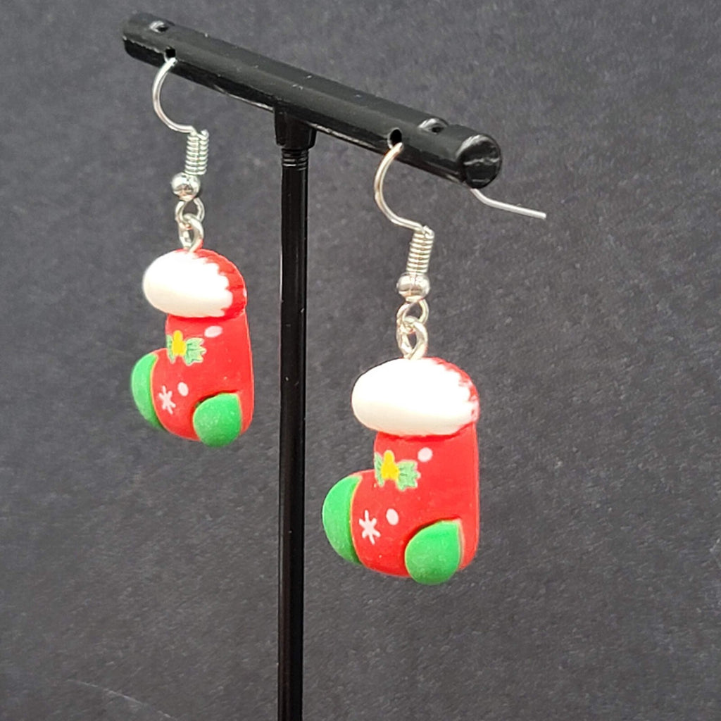 Christmas Stocking Pierced Earrings Puffy 3D Dangle 1 1/8"