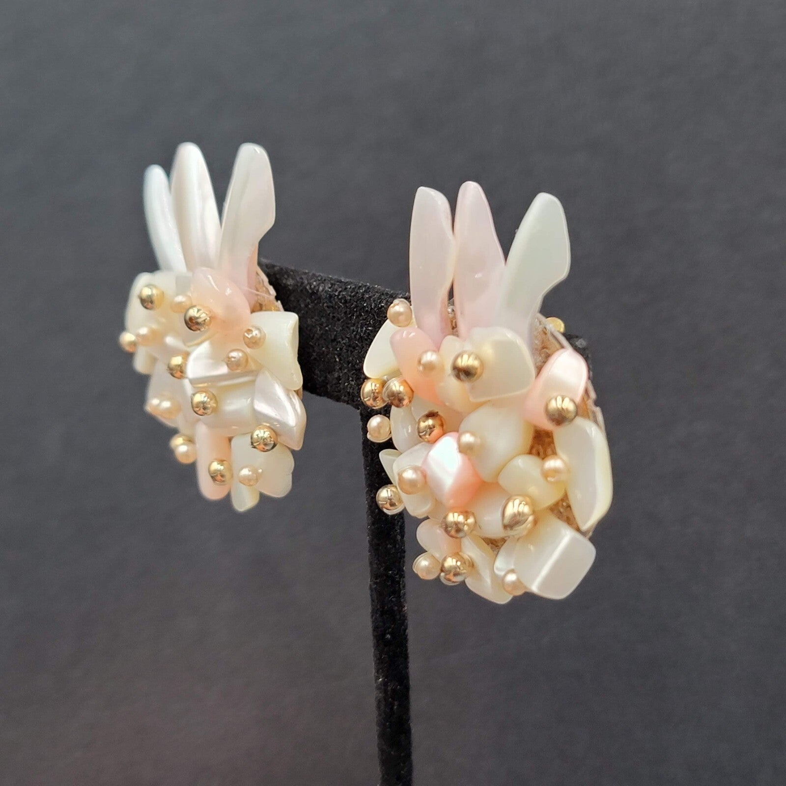 Vintage Clip on Earrings Large Statement Shell Climber Cluster Beads 1.75"