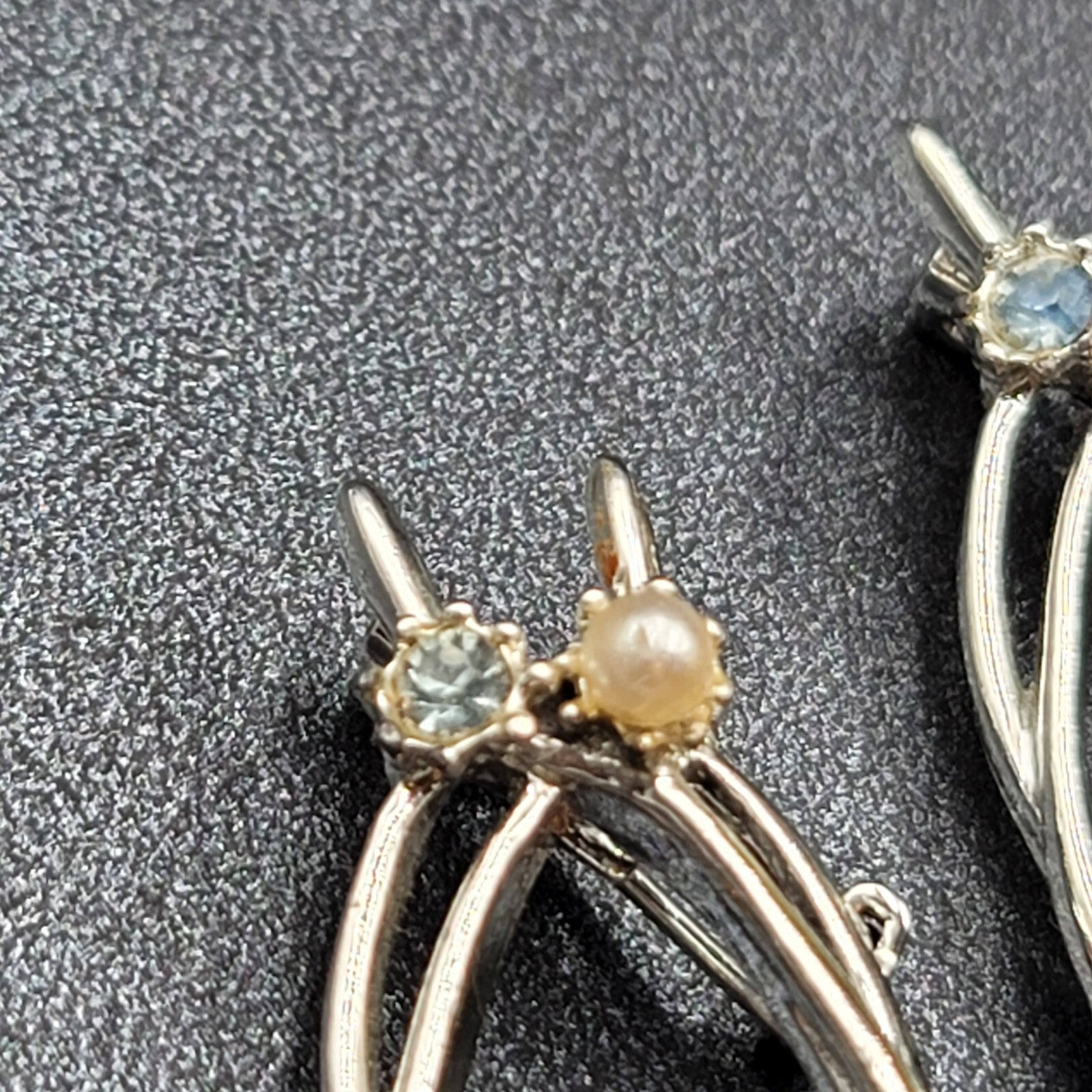 Vintage Double Lucky Wishbone Blue Rhinestone Pearl Brooch Lot Silver tone 1.25"