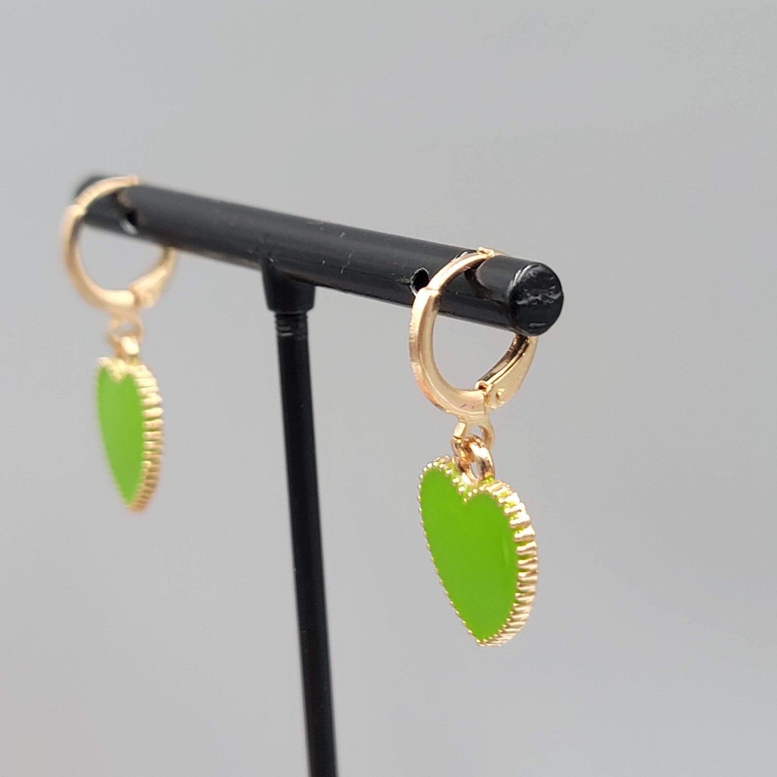 Green Enamel Heart Pierced Earrings Gold tone Huggie Hoops Dangle 5/8"