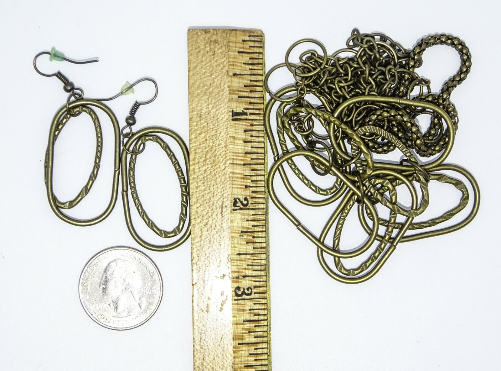 Bronze tone Modern Link Chain Necklace Set with Pierced Earrings 32"