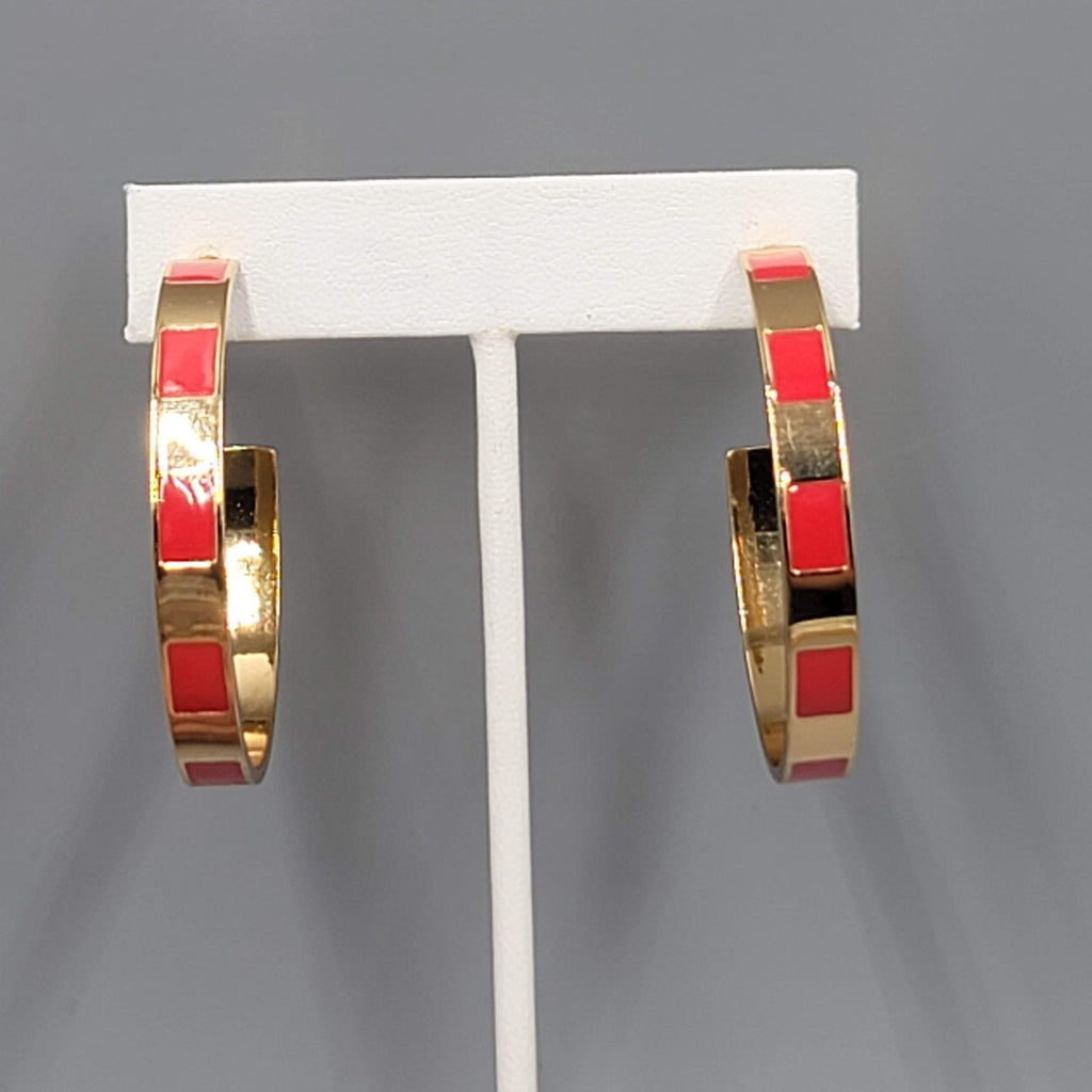 J Crew Hoop Pierced Earrings Red Enamel Gold tone 1.75"