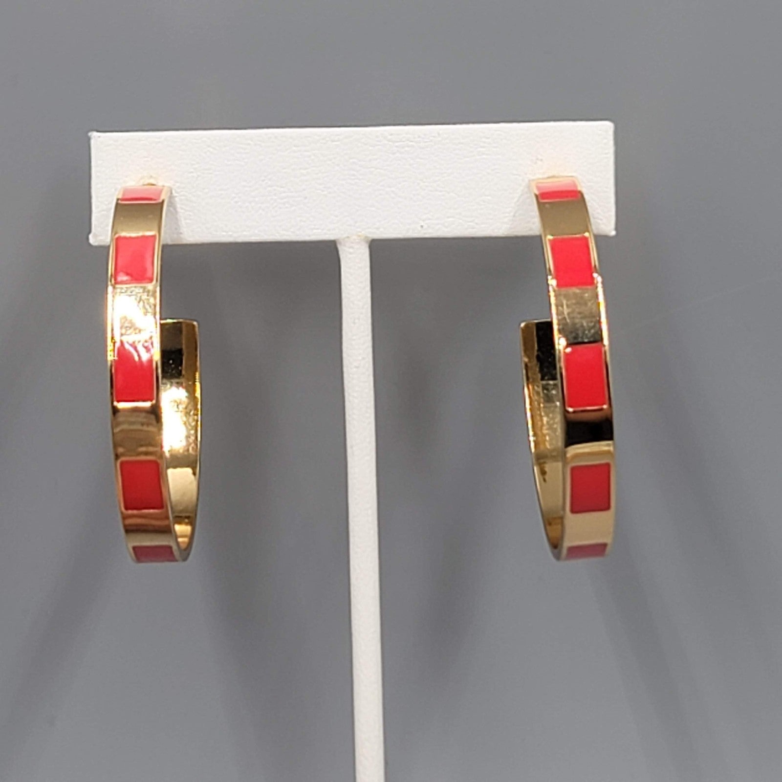 J Crew Hoop Pierced Earrings Red Enamel Gold tone 1.75"