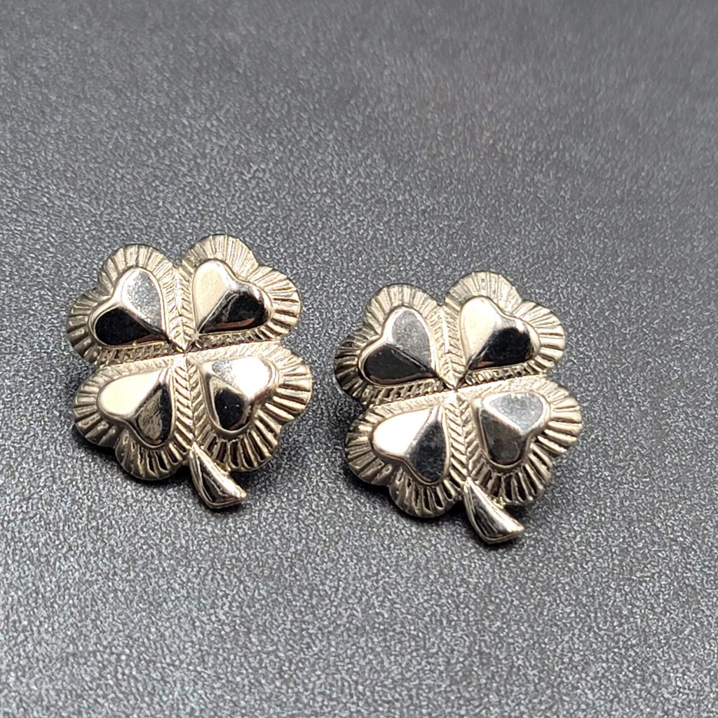 Vintage Pierced Earrings Shiny Silver tone 4 Leaf Shamrocks 1"