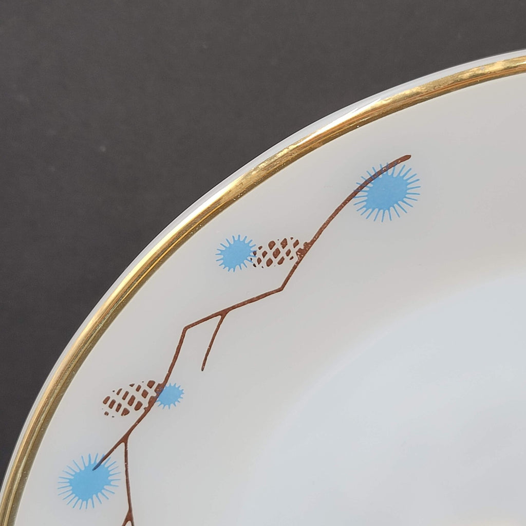 VTG Termocrisa Milk Glass Dinner Plate Blue Brown Pine Cone Gold Trim Single 9"