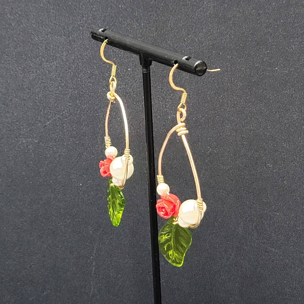 Pierced Earrings Gold tone Rose Leaf White Beads Dangle 2"
