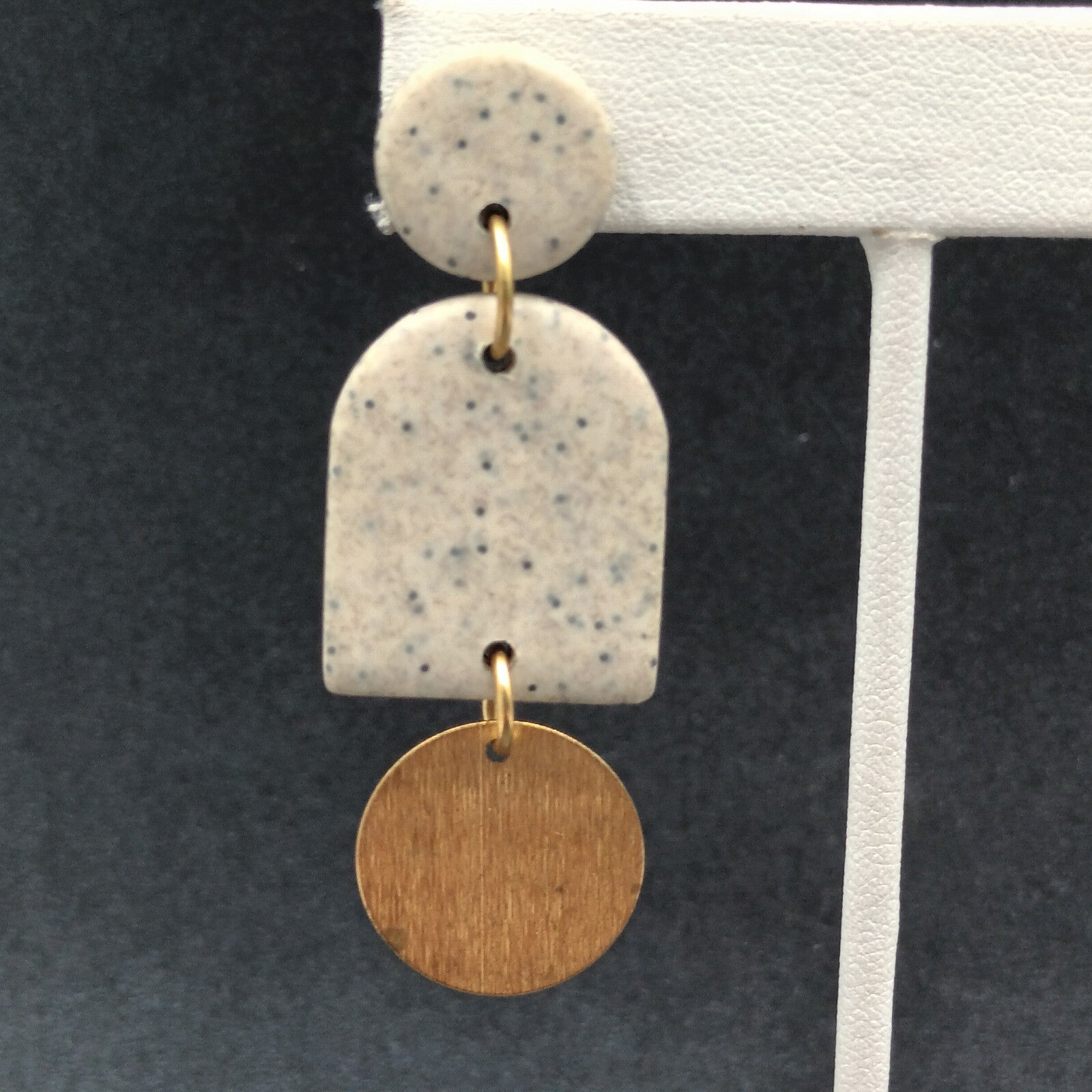 Pierced Earrings Speckled Acrylic Gold tone Geometric Statement Dangle 2 3/8"