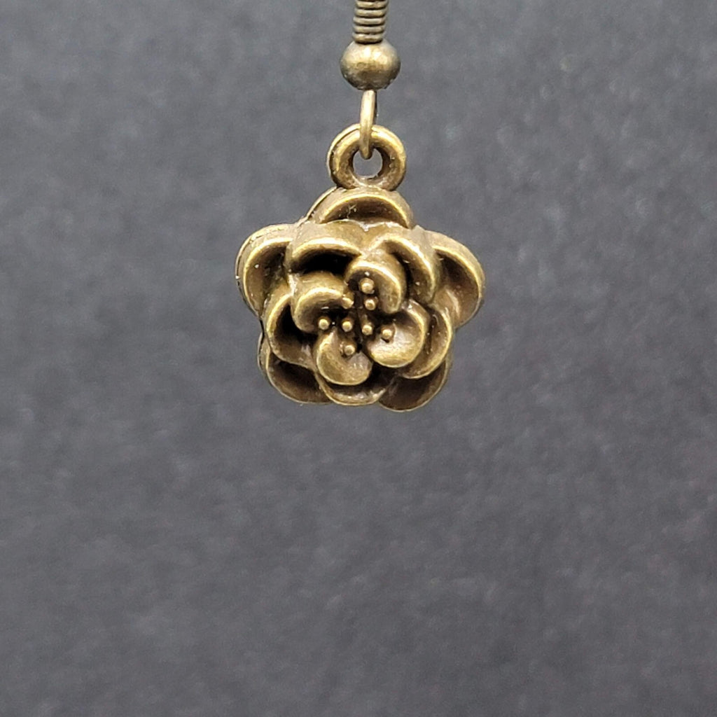 NEW Flower Pierced Earrings Bronze tone Embossed 3D Dangle 5/8"