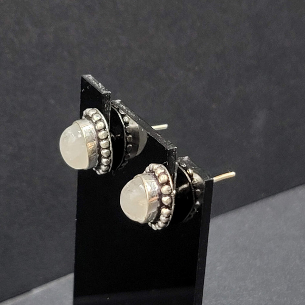 Pierced Earrings Silver tone Moonstone Oval Studs 1/2"