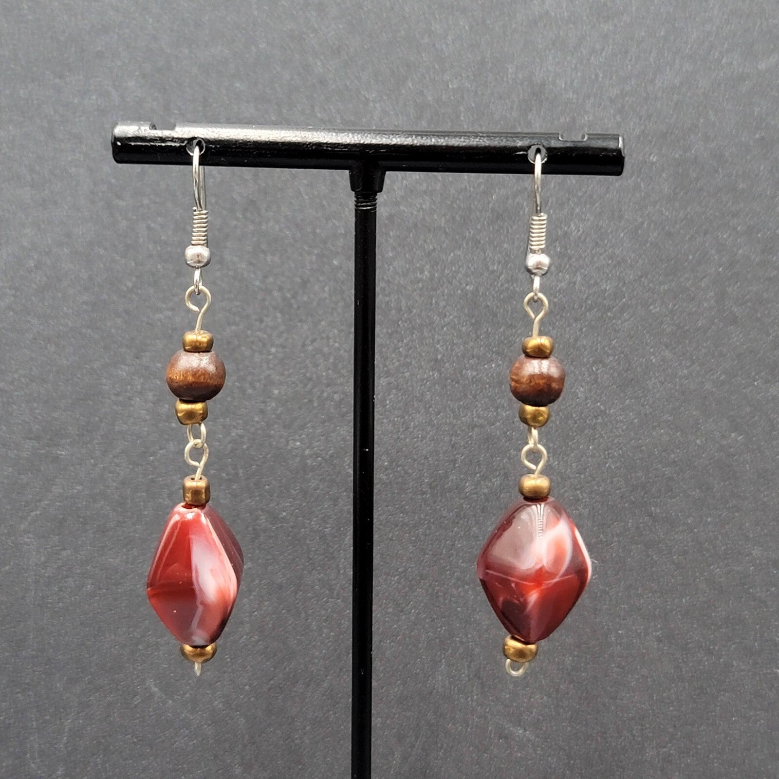 Pierced Earrings Wood Bead Red Swirl Acrylic Bead Dangle  1.75"