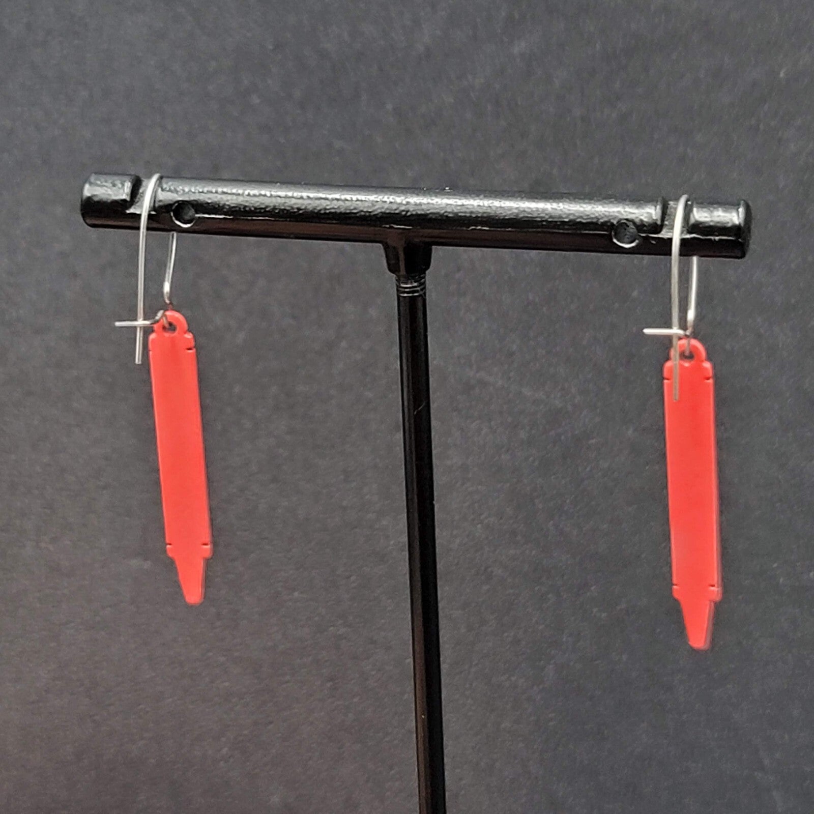 Vintage Pierced Earrings Red Crayon Dangle Silver tone Hooks Dangle 1 1/8"