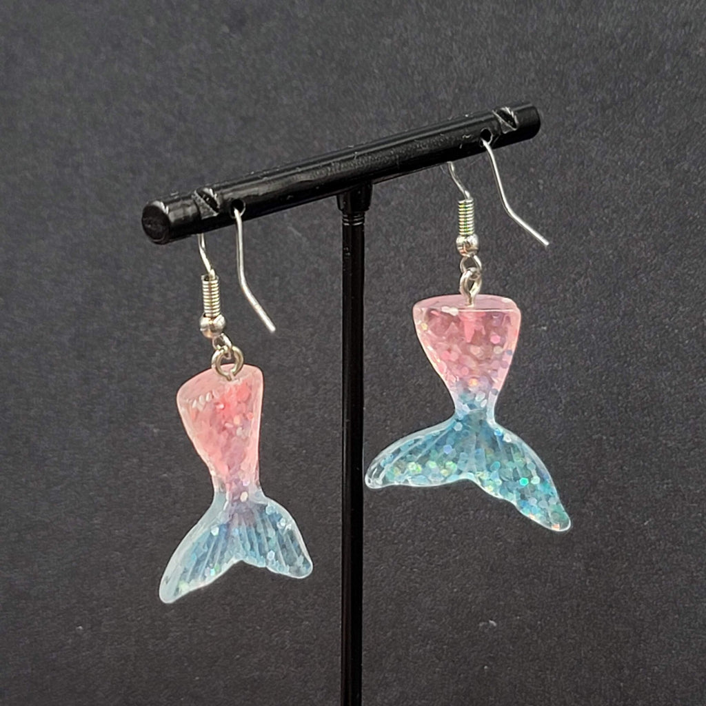 Mermaid Tail Pierced Earrings Pink Blue Glitter Resin Dangle 1.25"