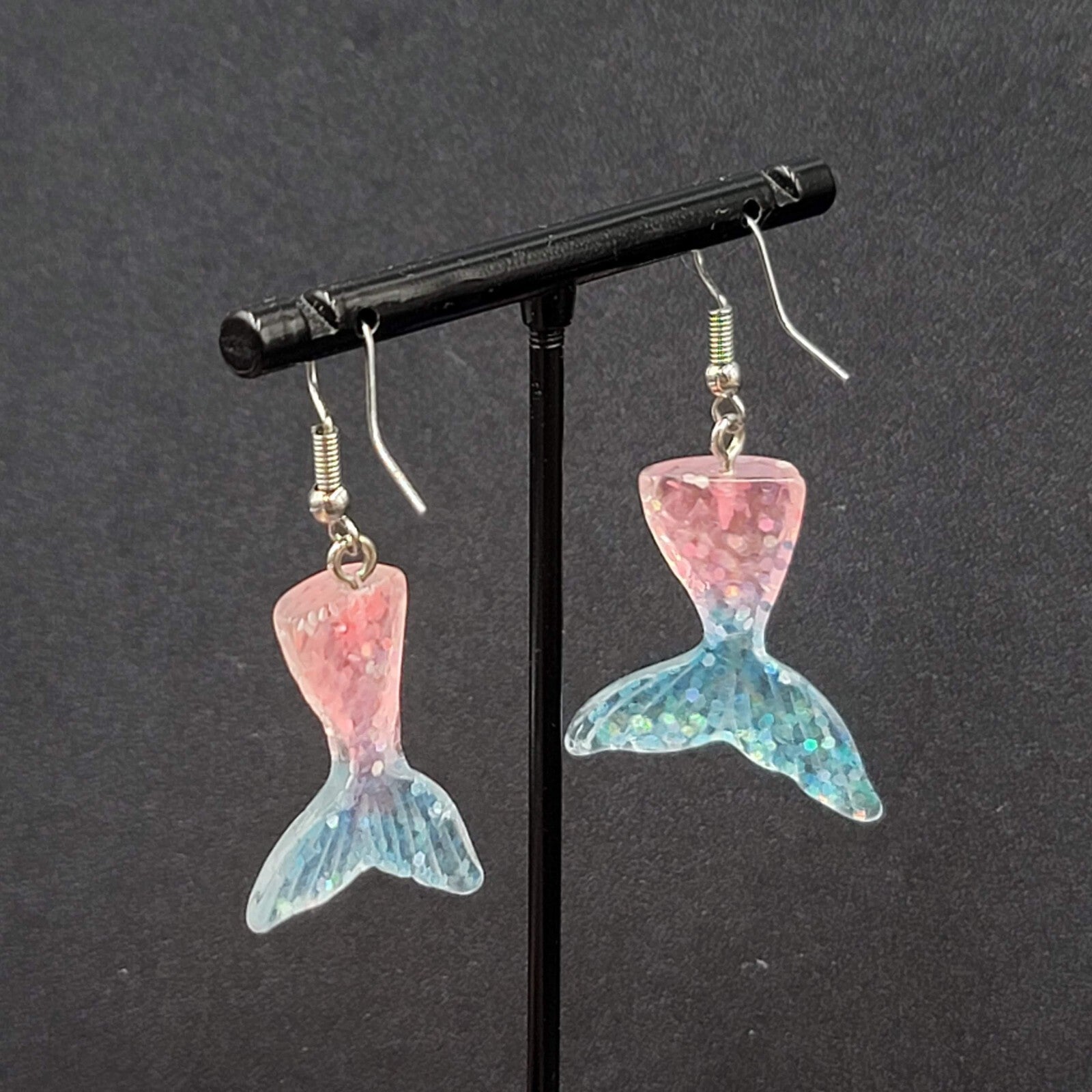 Mermaid Tail Pierced Earrings Pink Blue Glitter Resin Dangle 1.25"