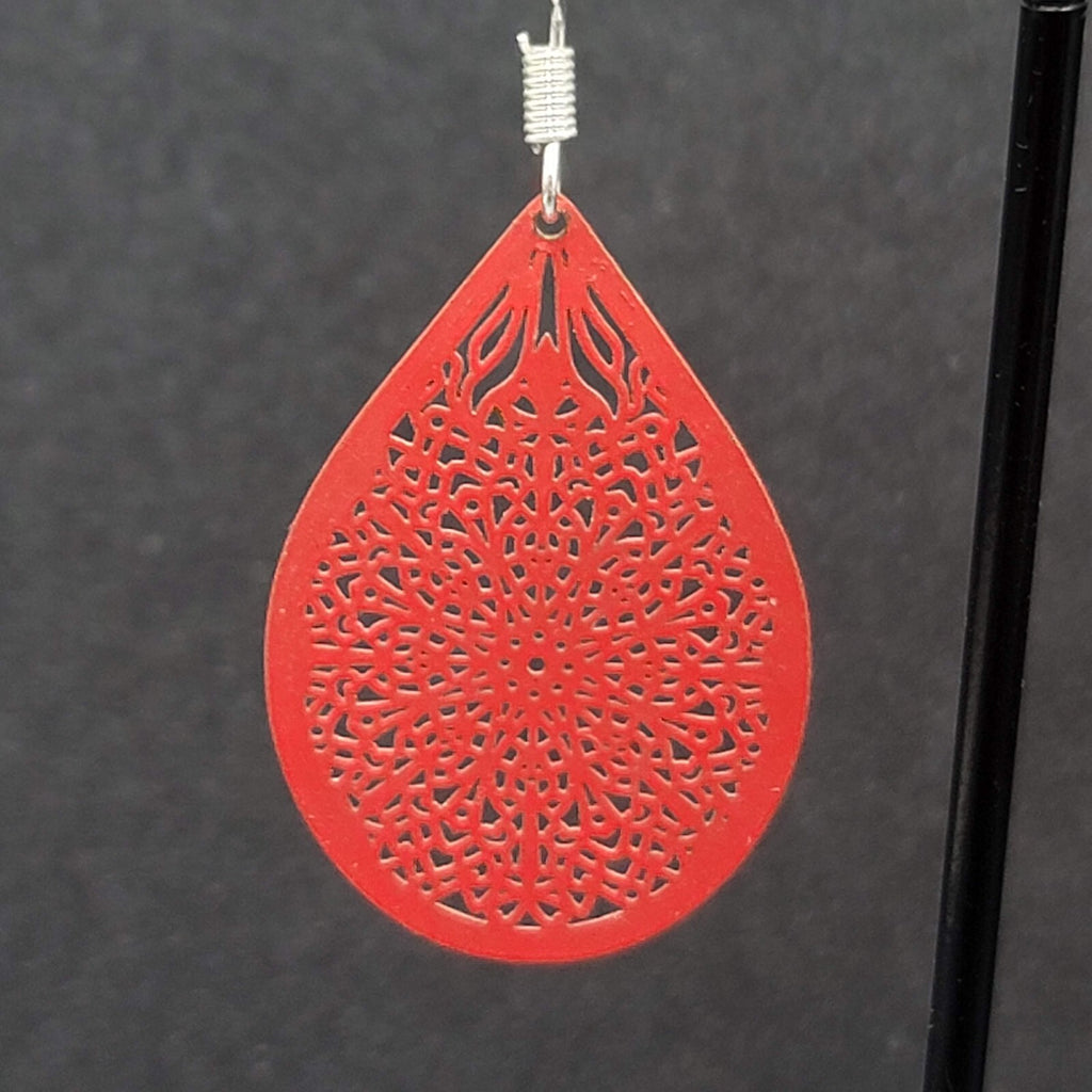 Pierced Earrings Silver tone Red Enamel Open Work Laser cut Teardrop 1 3/8"