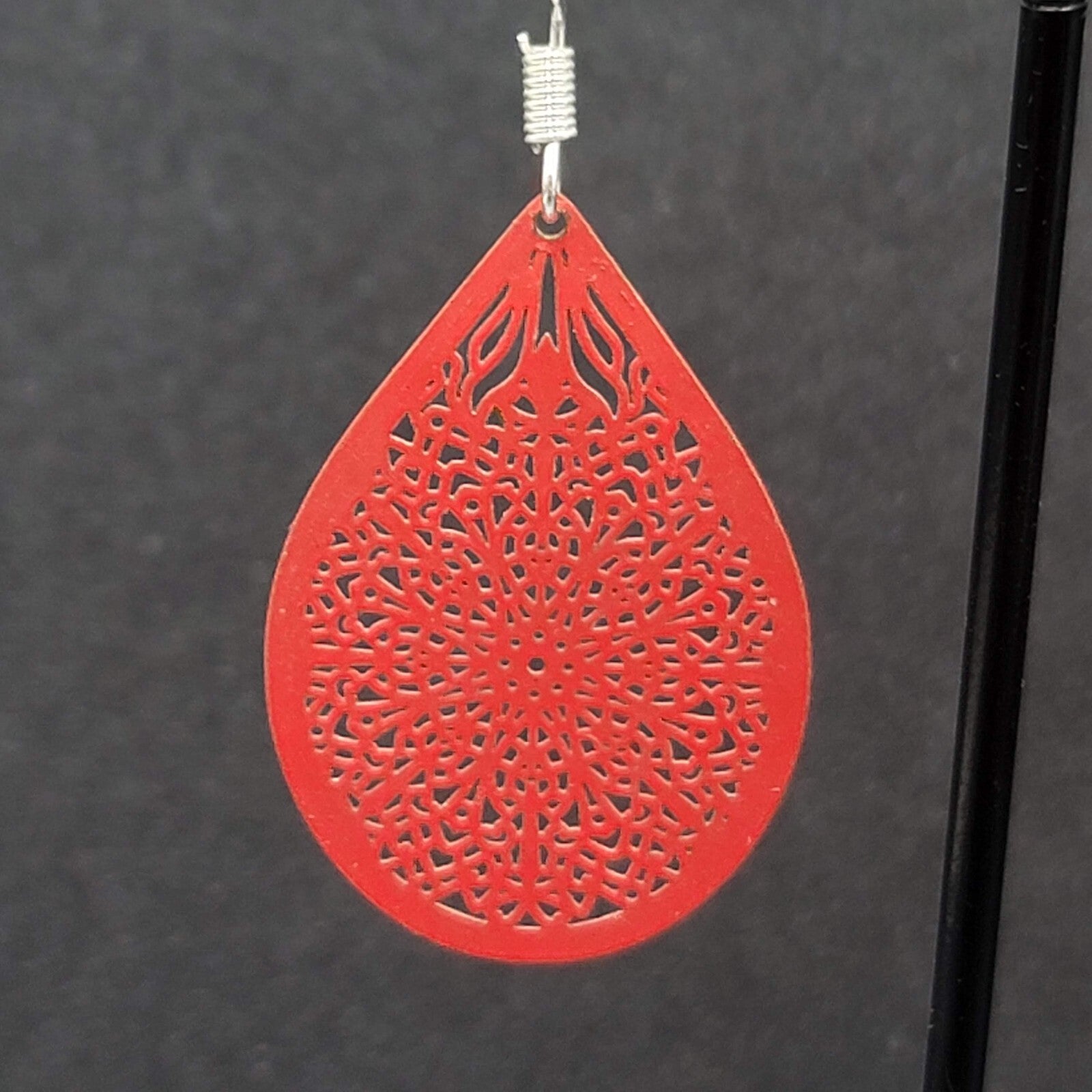 Pierced Earrings Silver tone Red Enamel Open Work Laser cut Teardrop 1 3/8"