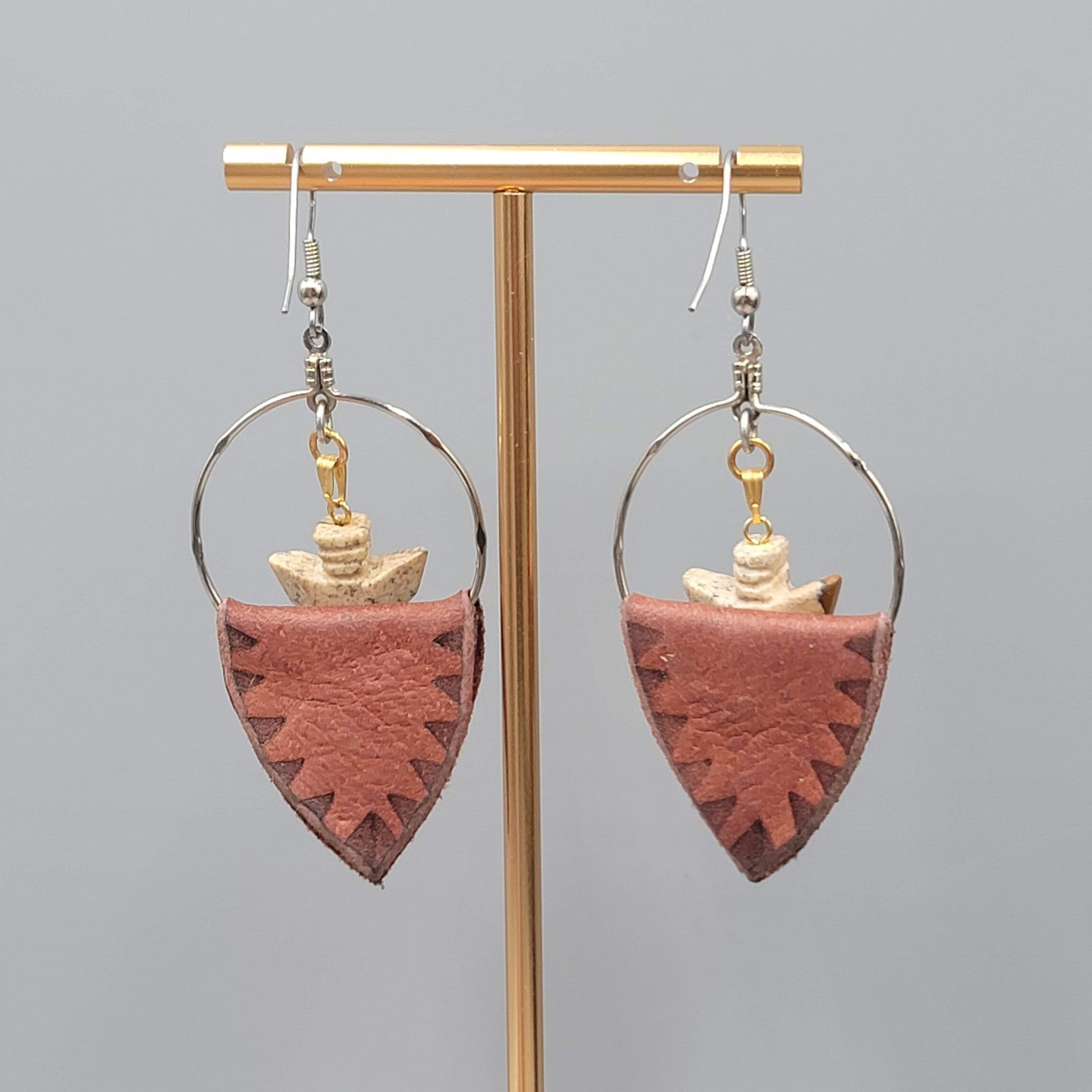 Arrowhead Pierced Earrings Boho Dangle Leather Stone Western Southwestern 2.25"