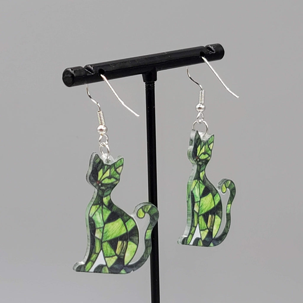 Green Kitty Cat Pierced Earrings Acrylic Mosaic Pattern Dangle 1.5"