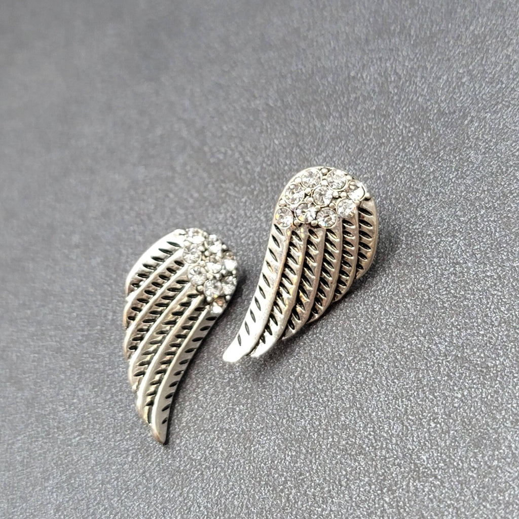 Pierced Earrings Silver tone Wings Crystal Rhinestone Drop 1"