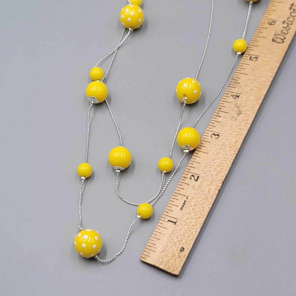 Yellow Bead Long Necklace Silver tone White Polka Dots 30" Double Strand Station
