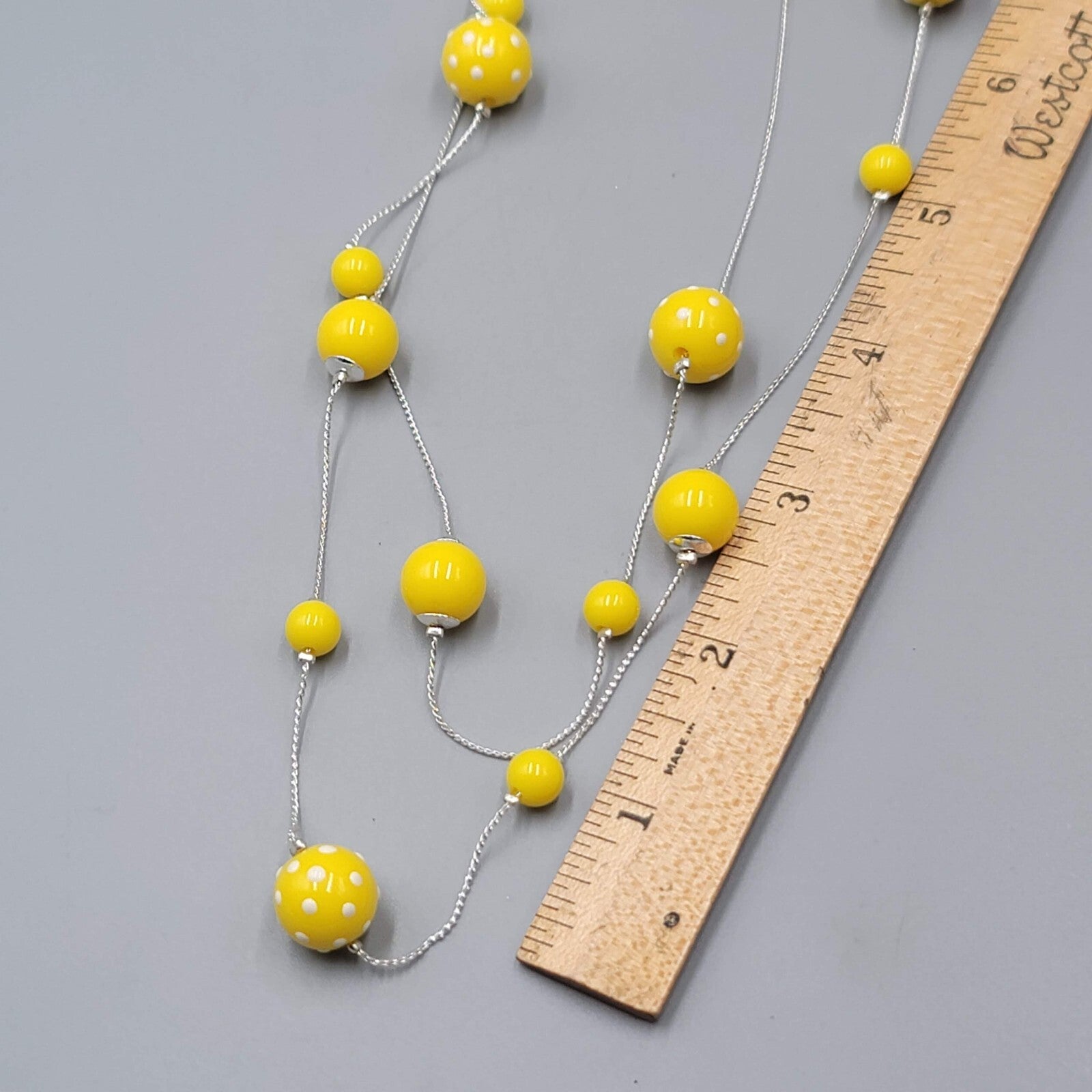Yellow Bead Long Necklace Silver tone White Polka Dots 30" Double Strand Station