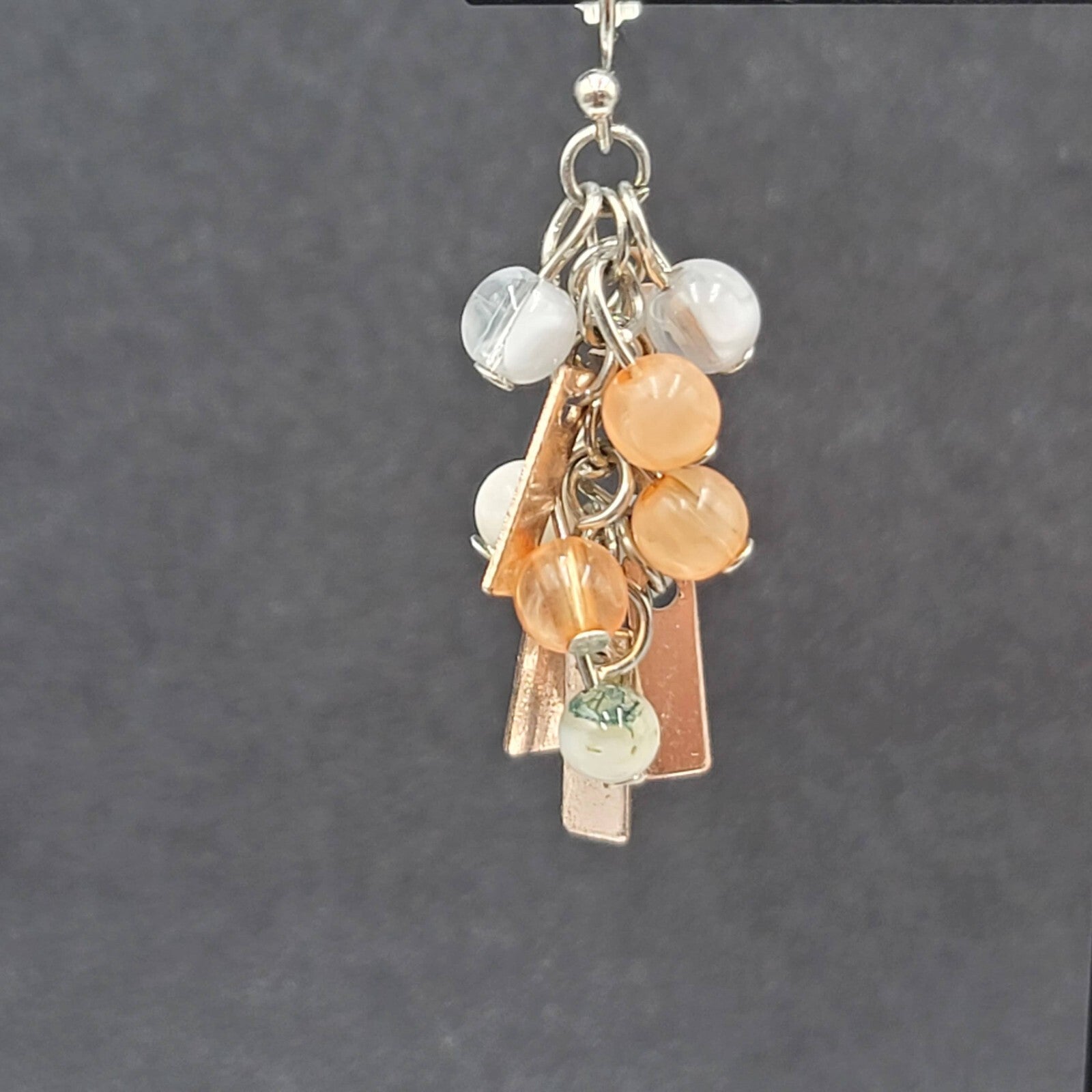 Pierced Earrings Silver tone Peach Gray Green Dangle Beads 1.25"