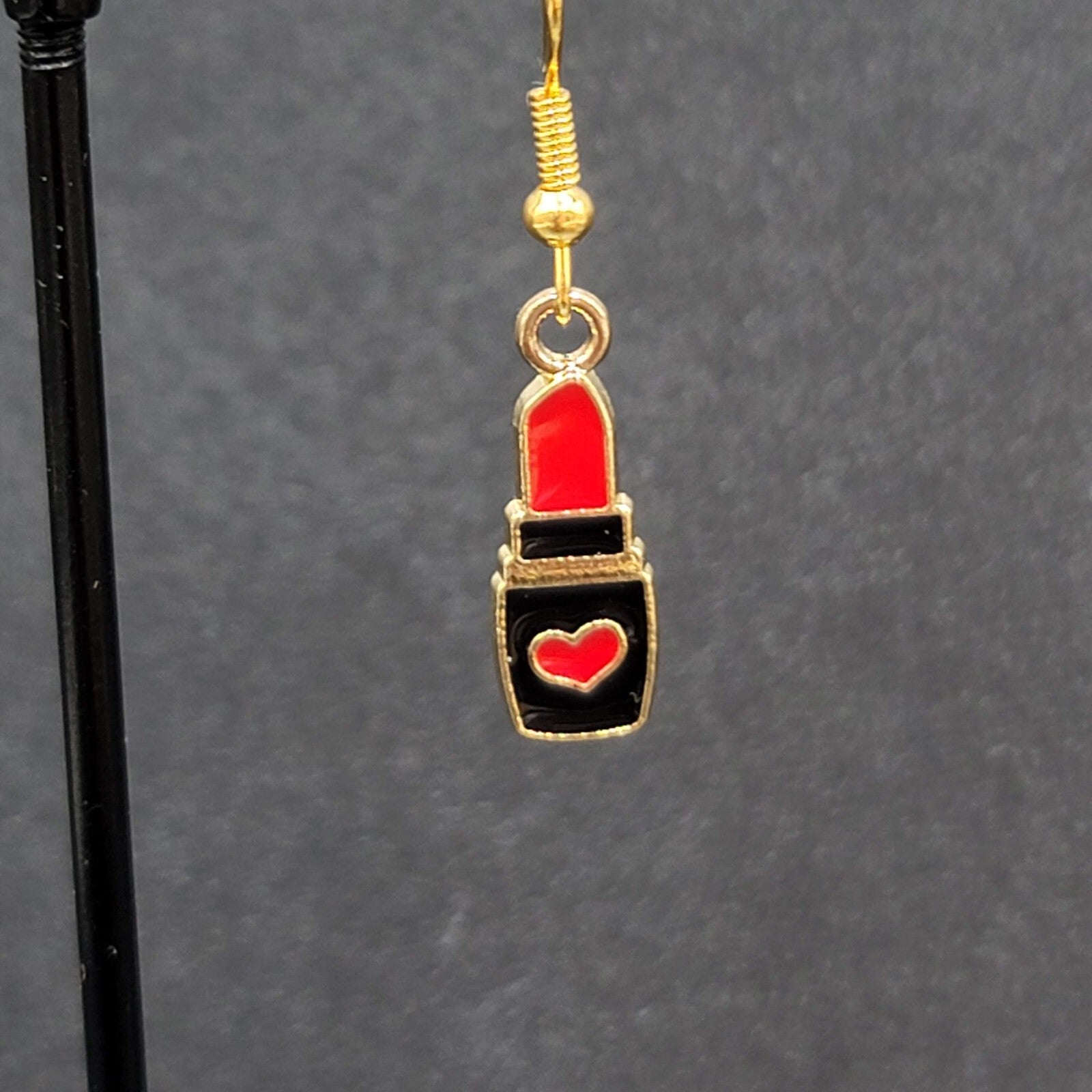 Lipstick Pierced Earrings Gold tone Red Heart Black Enamel Dangle 3/4"