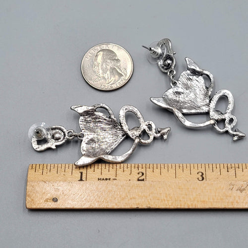 Devil Heart Pierced Earrings Red Enamel Crystal Silver tone Dangle 2 3/8"