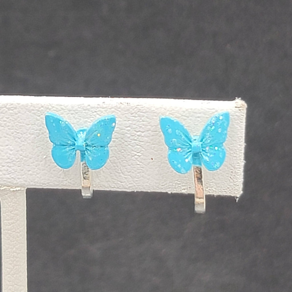 Vintage Clip on Earrings Silver tone Blue Enamel Butterfly Studs 1/4"