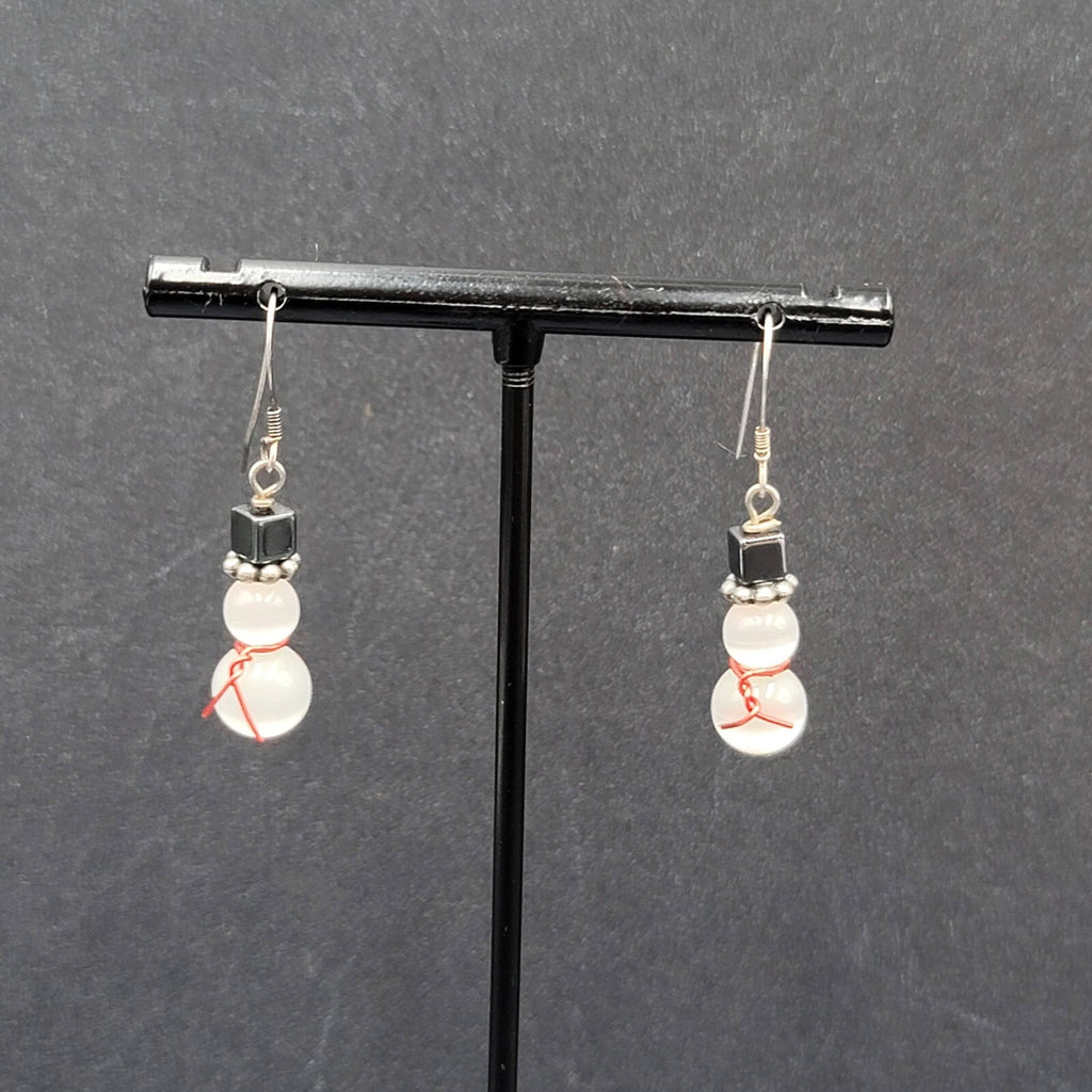 Snowman Pierced Earrings White Cats Eye Beads Hematite Hat Dangle 7/8"