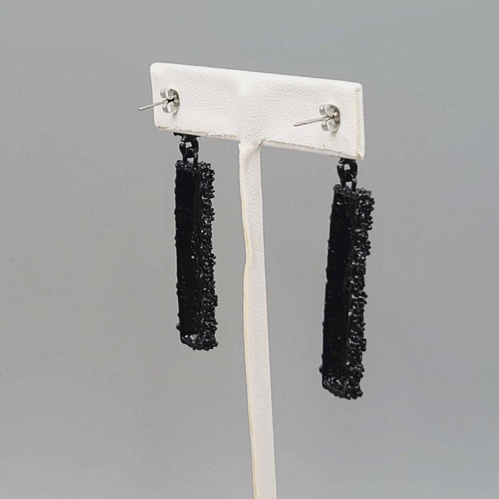 Pierced Earrings Black Enamel Rhinestone Dangle 2"