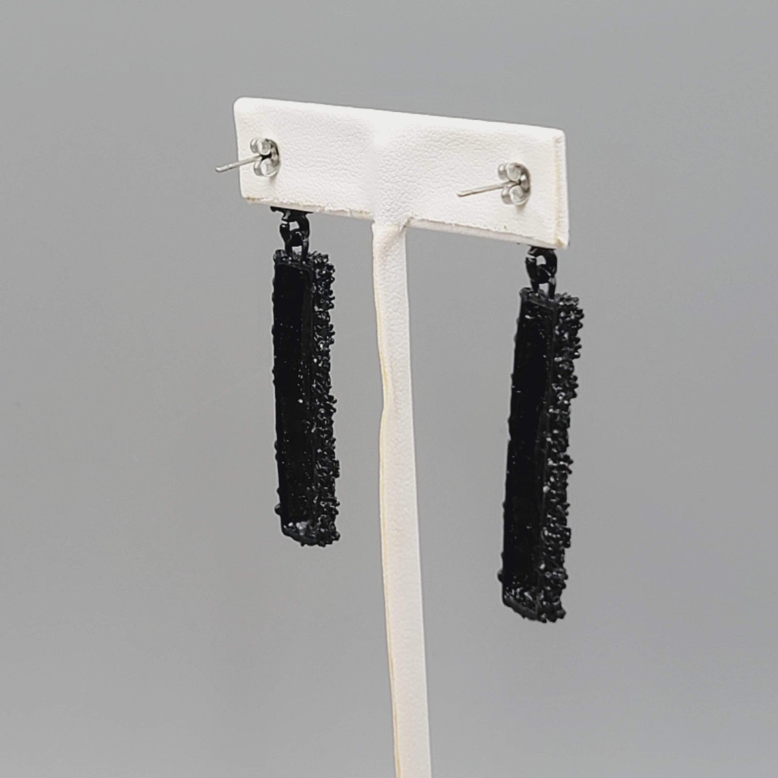 Pierced Earrings Black Enamel Rhinestone Dangle 2"