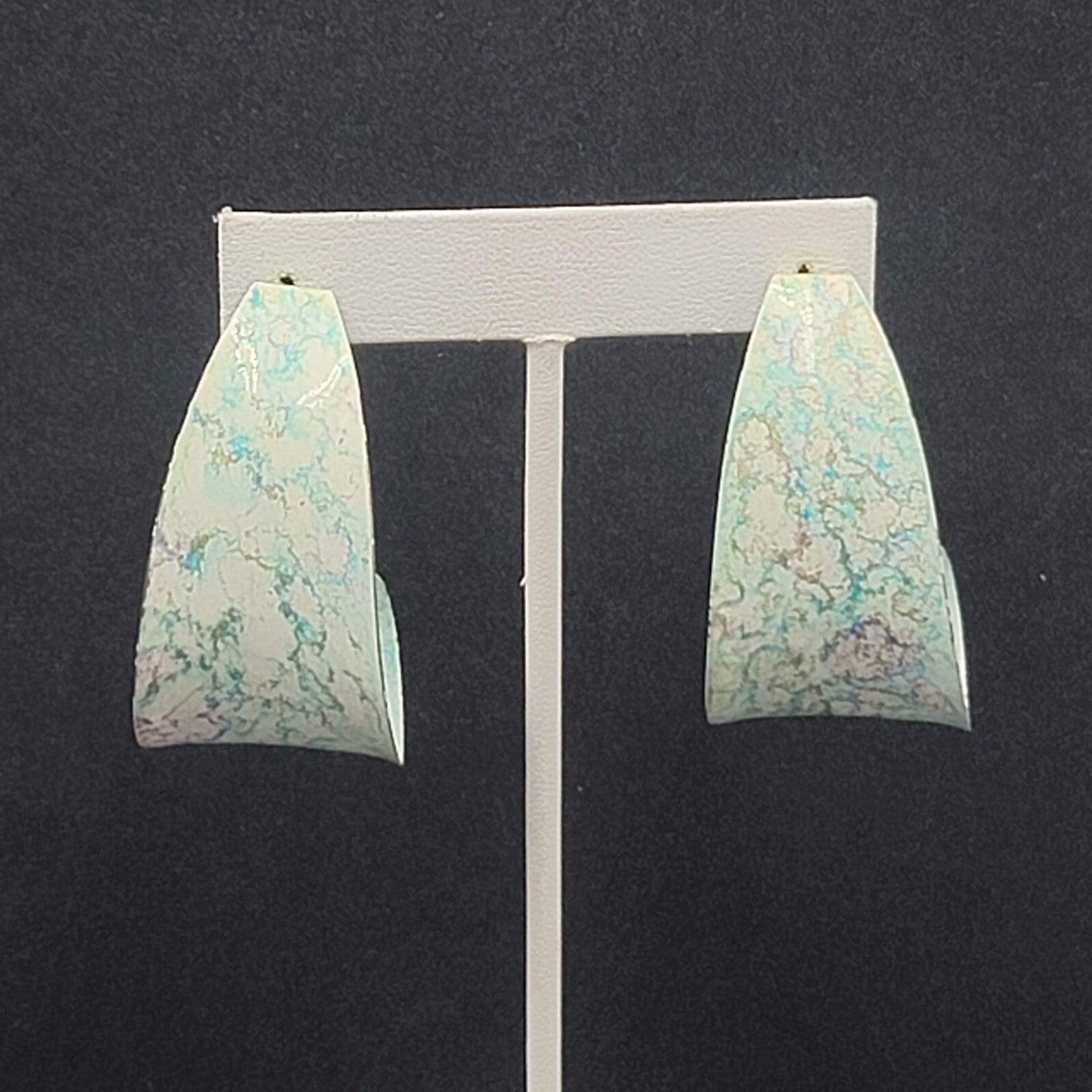 Vintage Pierced Earrings Large Green White Enamel Statement Hoops 2"