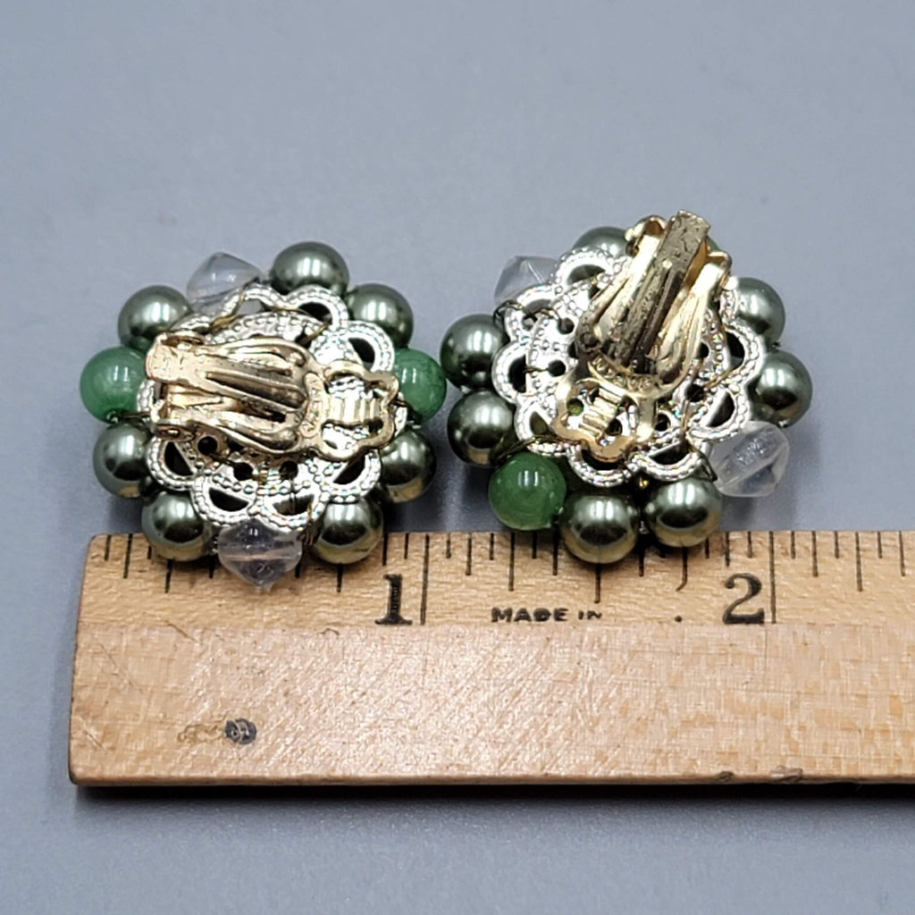 Vintage Green Cluster Bead Clip on Earrings 1"