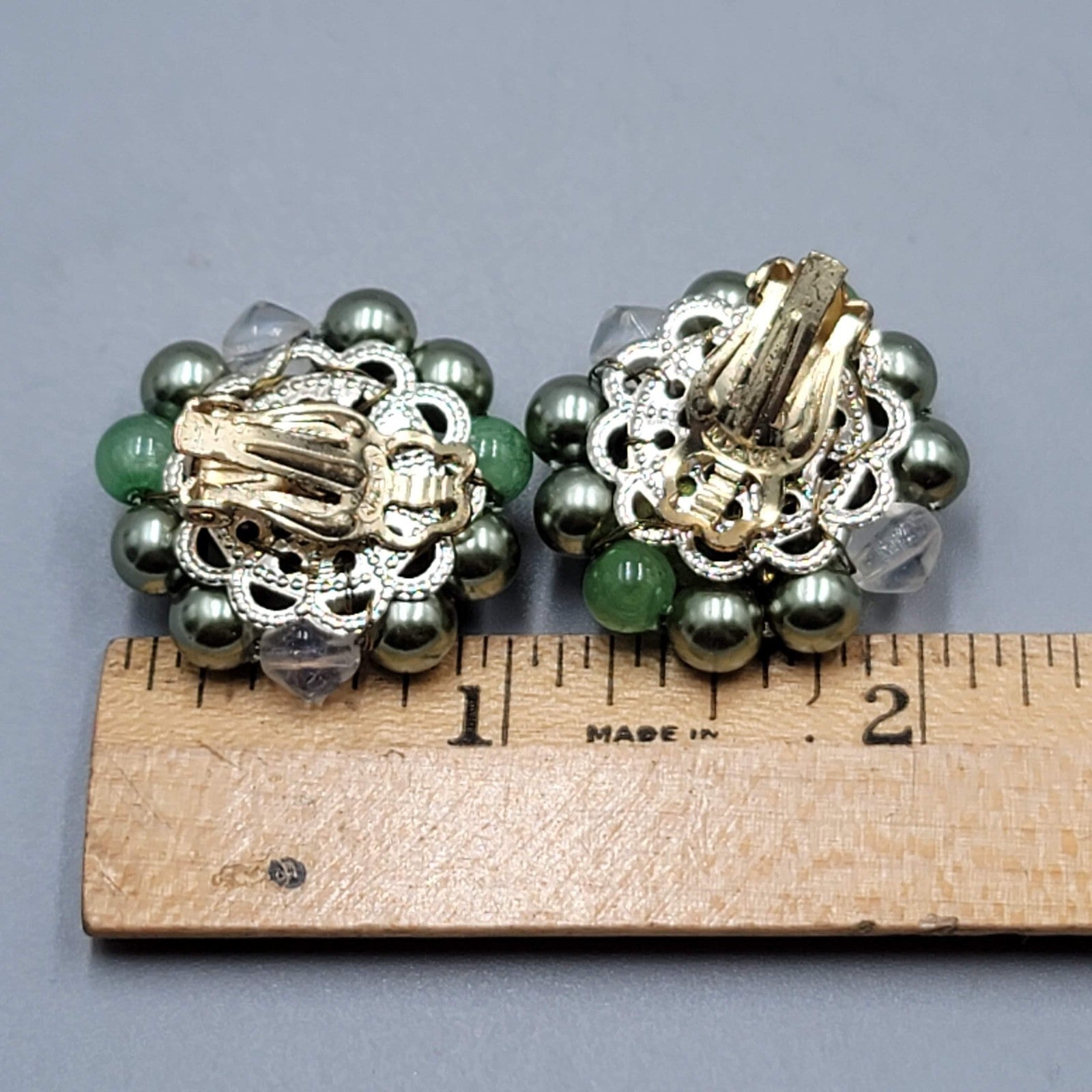 Vintage Green Cluster Bead Clip on Earrings 1"