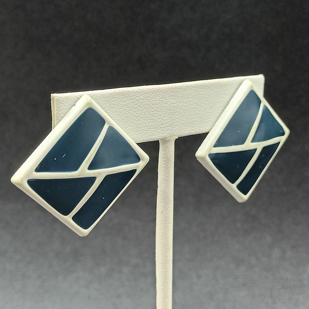 Vintage Pierced Earrings White Blue Enamel Geometric Drop 1 3/8"