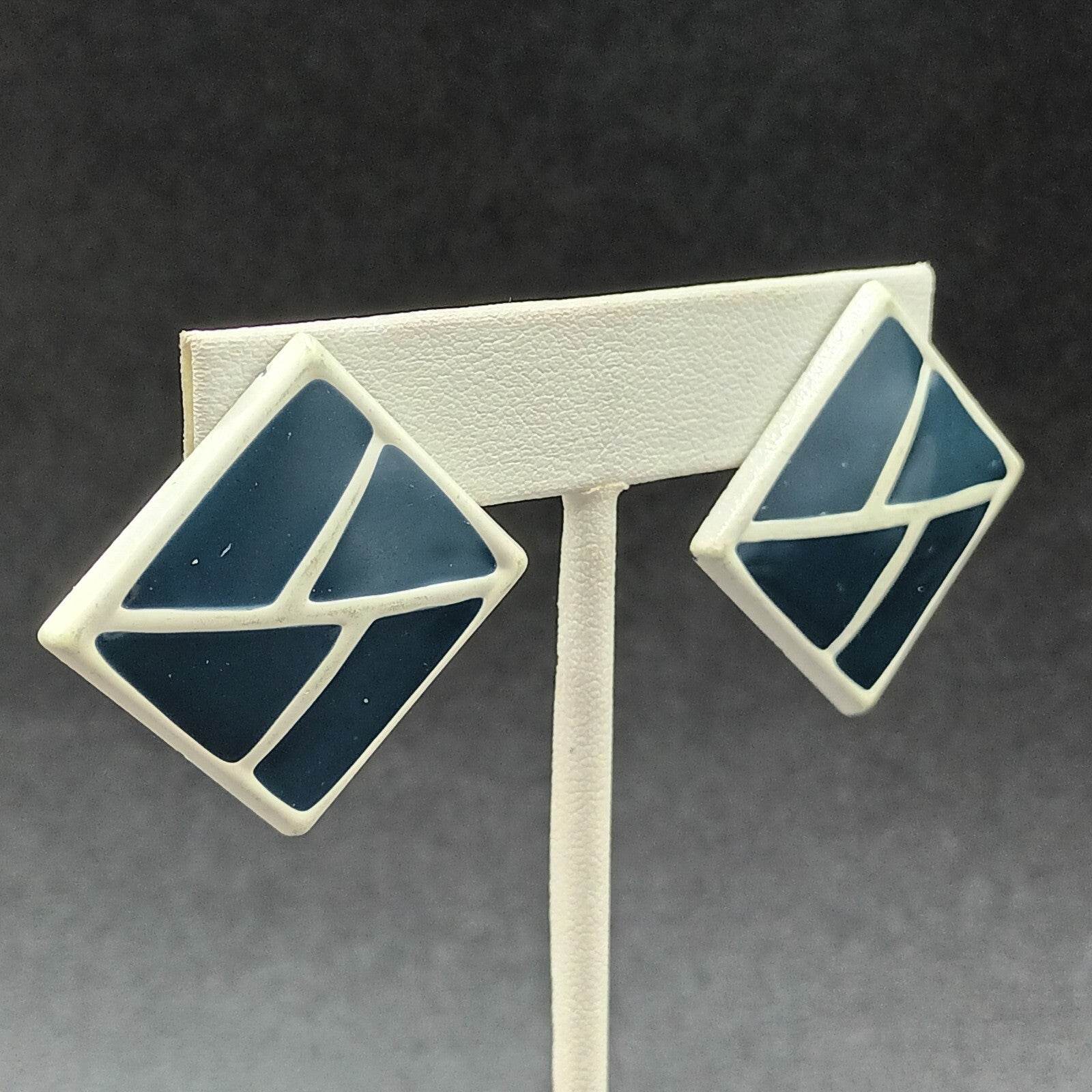 Vintage Pierced Earrings White Blue Enamel Geometric Drop 1 3/8"