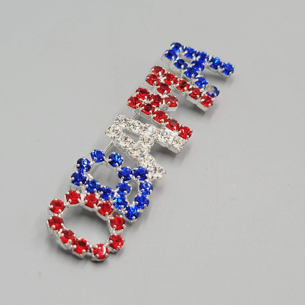 OBAMA Brooch Red White Blue Prong Set Rhinestones Political 2.5 in