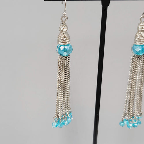 Dangle Chains Pierced Earrings Blue Crystal Beads Tassel 2.5"