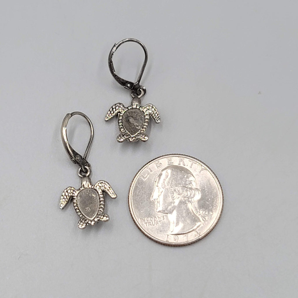 Sea Turtle Pierced Earrings Silver tone Dainty Dangle 5/8"