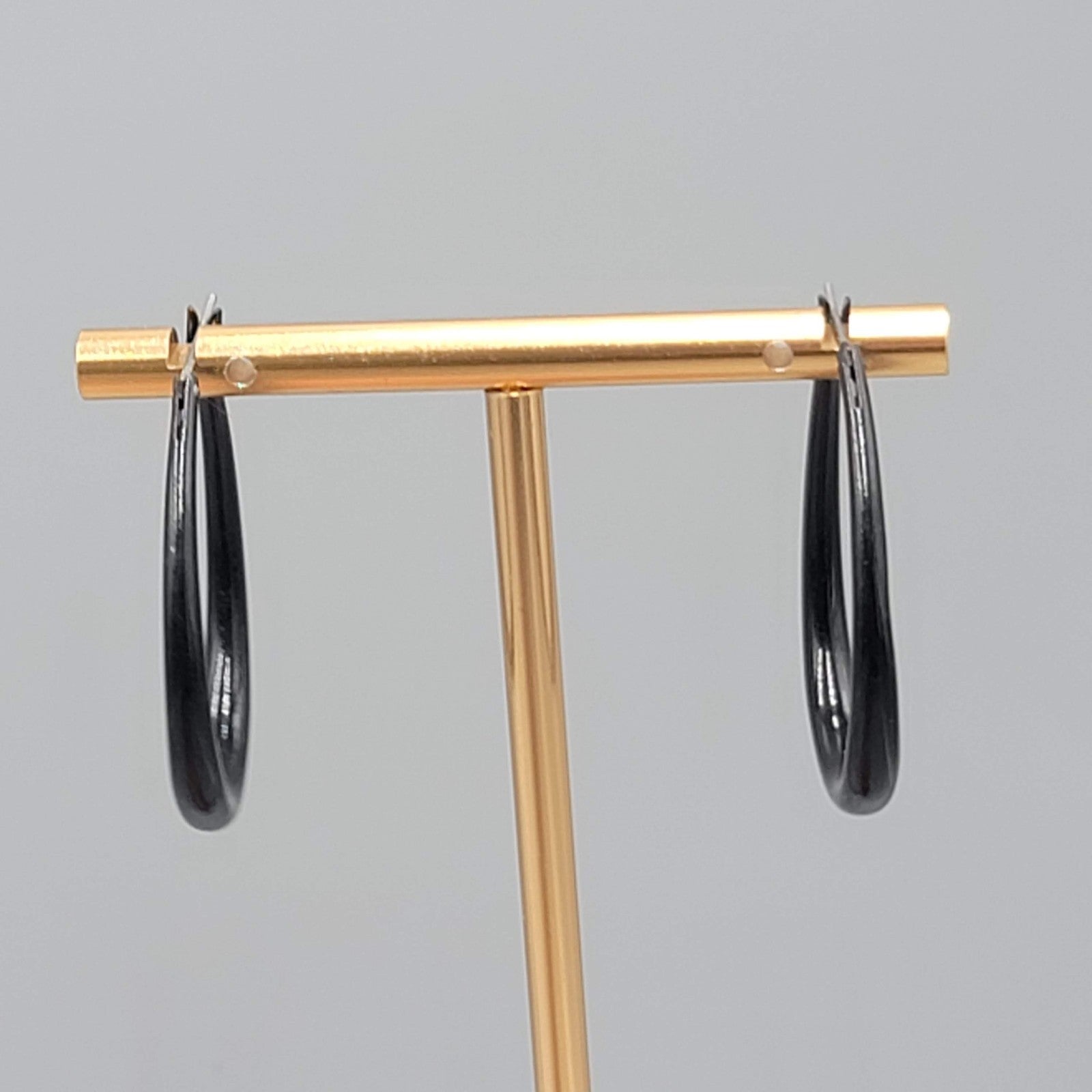 Black Oval Hoops Pierced Earrings Enamel 1 3/8 in