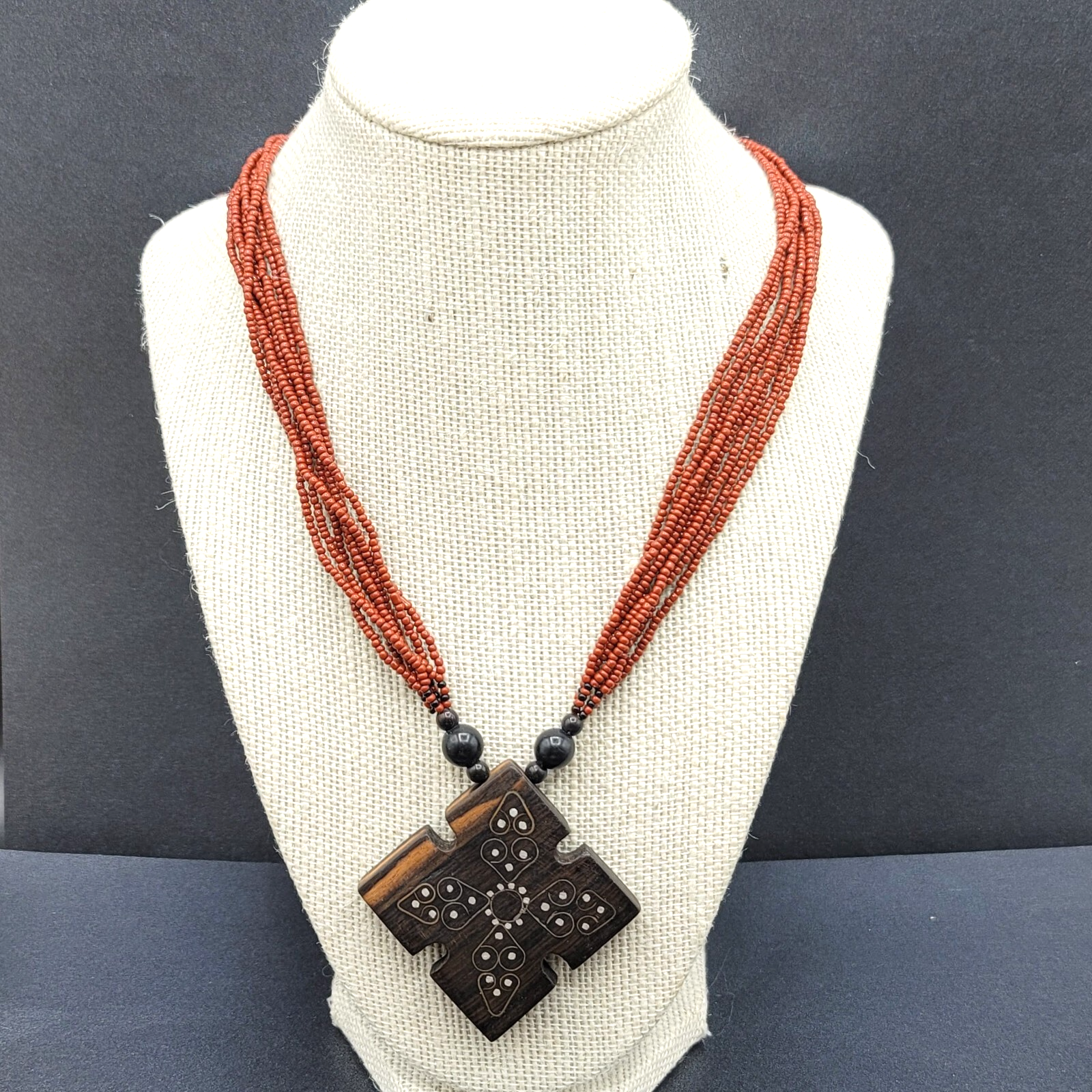 Artisan Boho Necklace Dark Red Seed Bead Wood Inlay Pendant Ethnic 18"