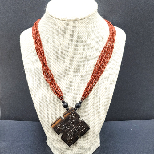 Artisan Boho Necklace Dark Red Seed Bead Wood Inlay Pendant Ethnic 18"