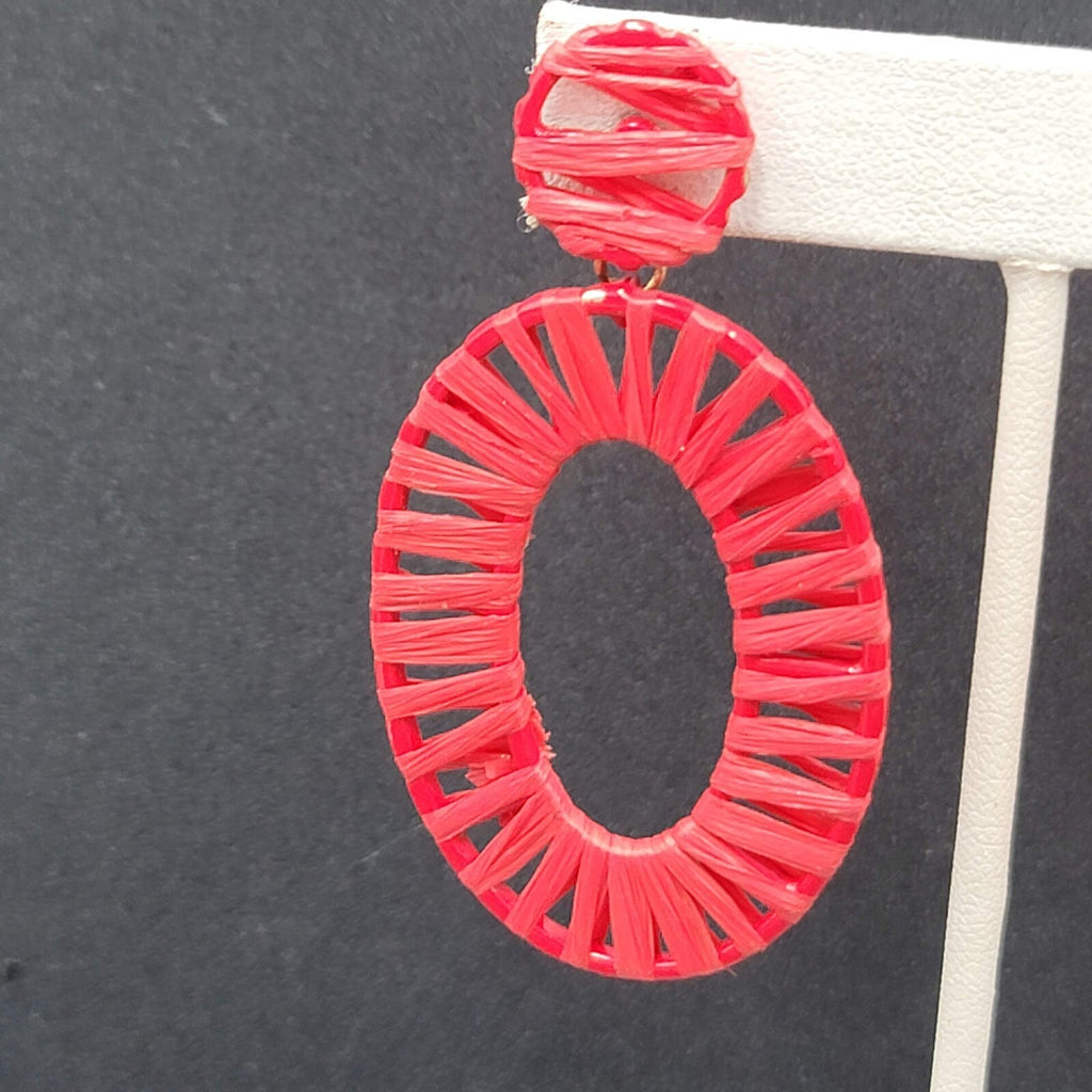 Pierced Earrings Red Rattan Dangle Hoops Statement 2.5"