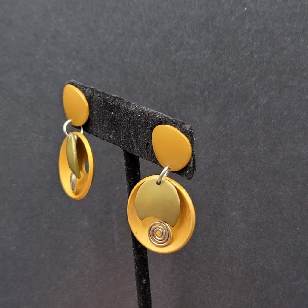 Pierced Earrings Brushed Gold tone Gold Silver Accent Modernist Dangle  1 3/8"